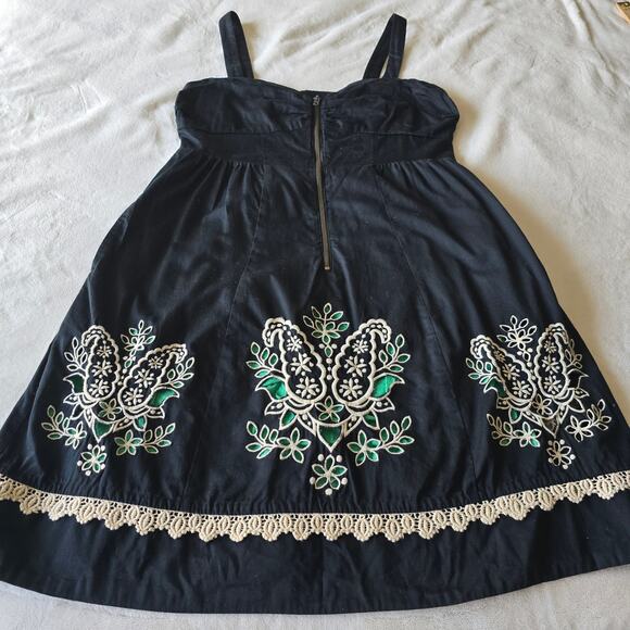 Anthropologie Y2K Black Embroidered Dress Sz 10 Zip Front Strappy Babydoll - Picture 6 of 12